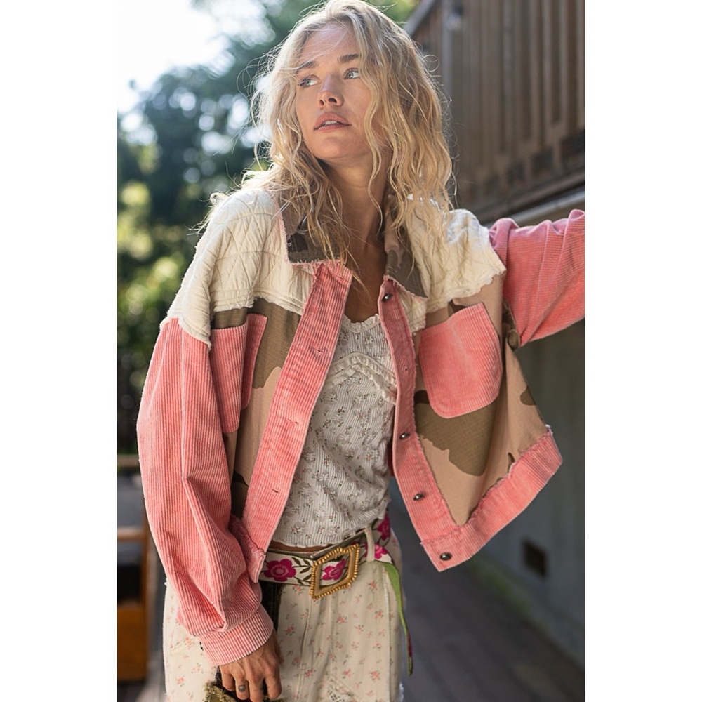 POL Pink Camo Patchwork Trucker Jacket | Quilted Corduroy - Picture 3 of 10